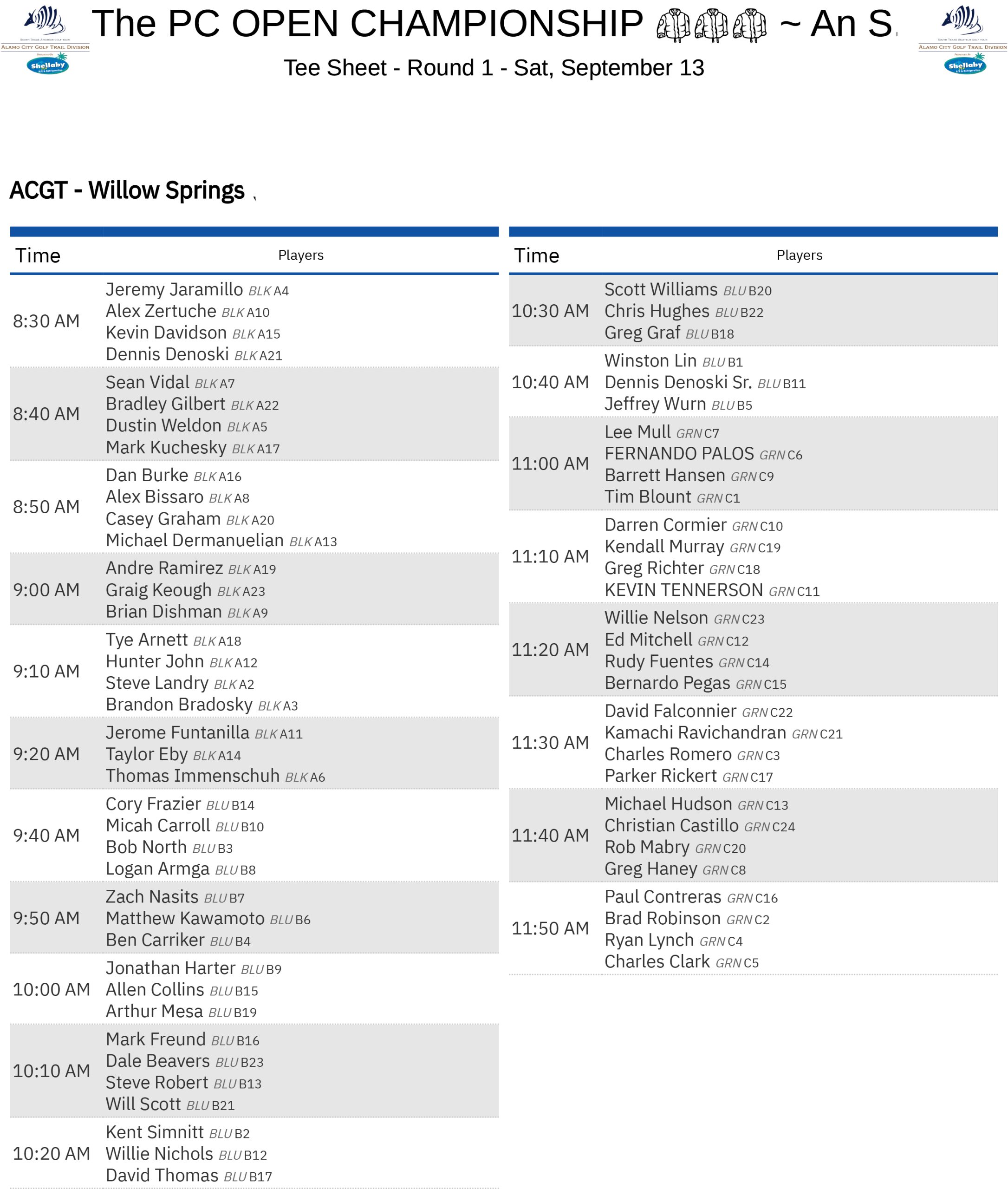 pc oPEN rOUND 1 - SatSeptember13-TeeSheet